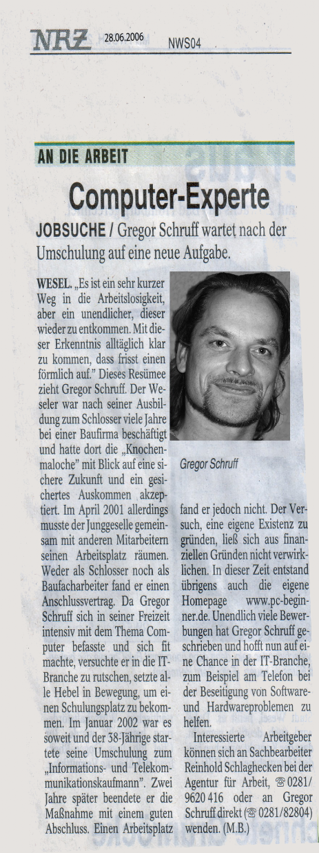 NRZ-Artikel über Gregor Schruff - Jobsuche in 2006